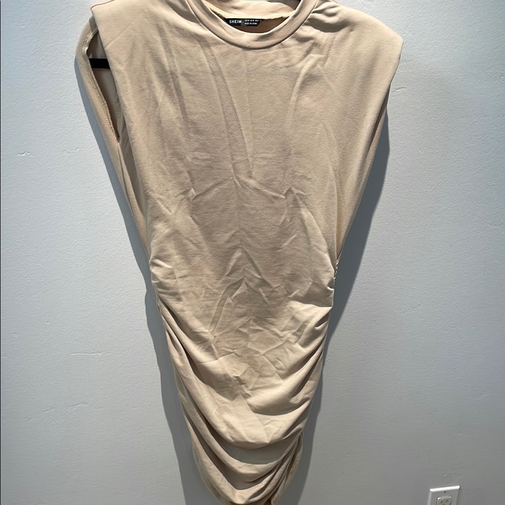 Beige Sleeveless Ruched Dress
